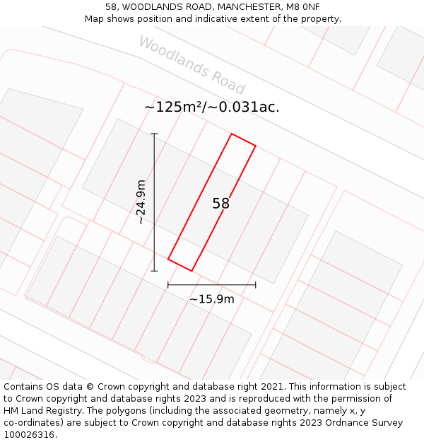 58, WOODLANDS ROAD, MANCHESTER, M8 0NF: Plot and title map