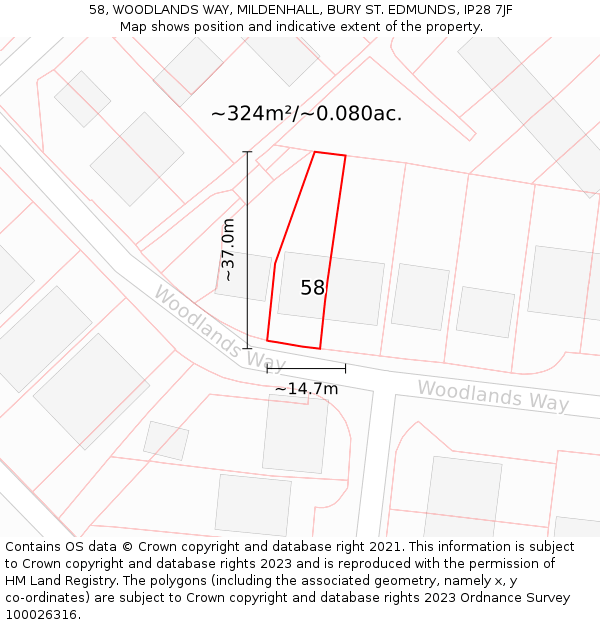 58, WOODLANDS WAY, MILDENHALL, BURY ST. EDMUNDS, IP28 7JF: Plot and title map