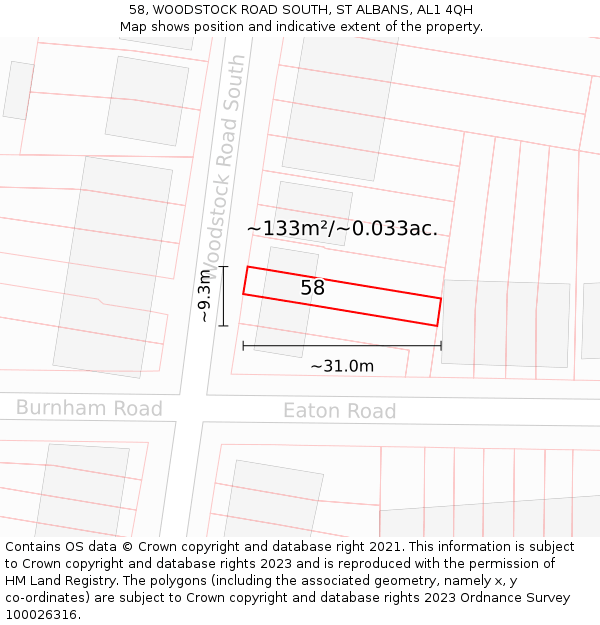 58, WOODSTOCK ROAD SOUTH, ST ALBANS, AL1 4QH: Plot and title map