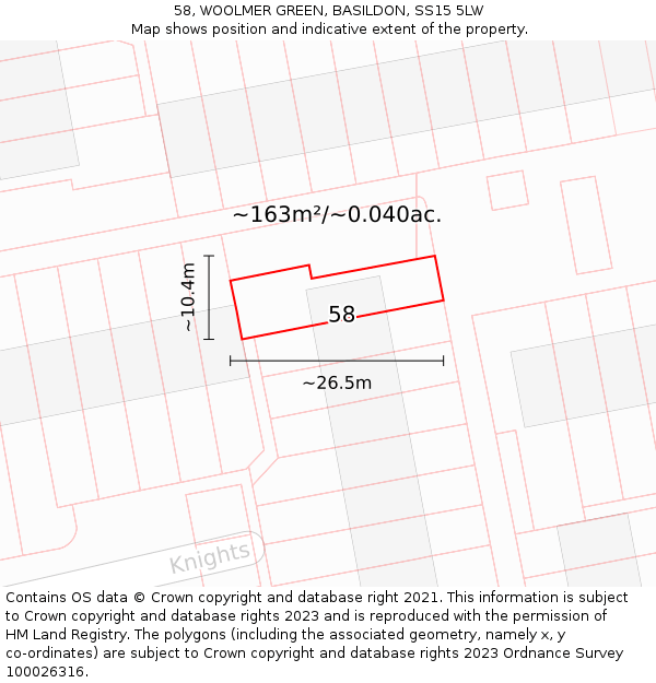 58, WOOLMER GREEN, BASILDON, SS15 5LW: Plot and title map