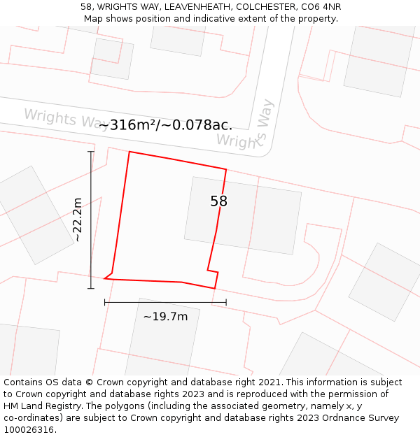 58, WRIGHTS WAY, LEAVENHEATH, COLCHESTER, CO6 4NR: Plot and title map