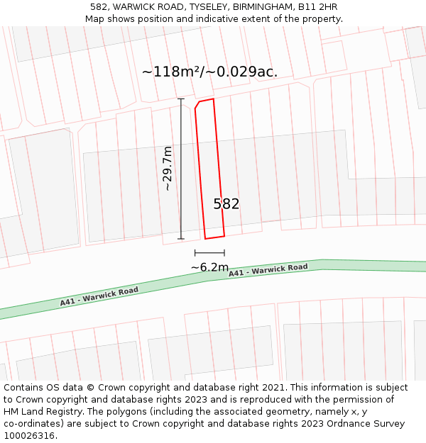582, WARWICK ROAD, TYSELEY, BIRMINGHAM, B11 2HR: Plot and title map