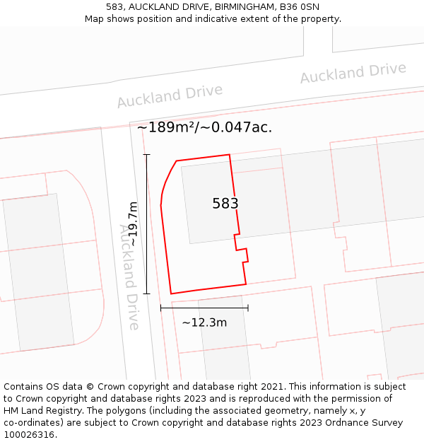 583, AUCKLAND DRIVE, BIRMINGHAM, B36 0SN: Plot and title map