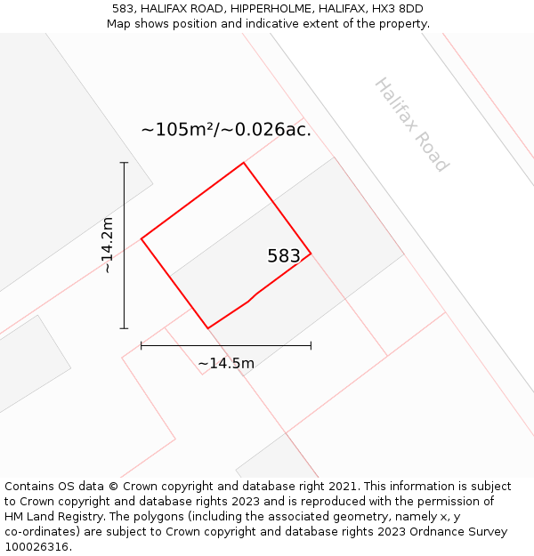 583, HALIFAX ROAD, HIPPERHOLME, HALIFAX, HX3 8DD: Plot and title map