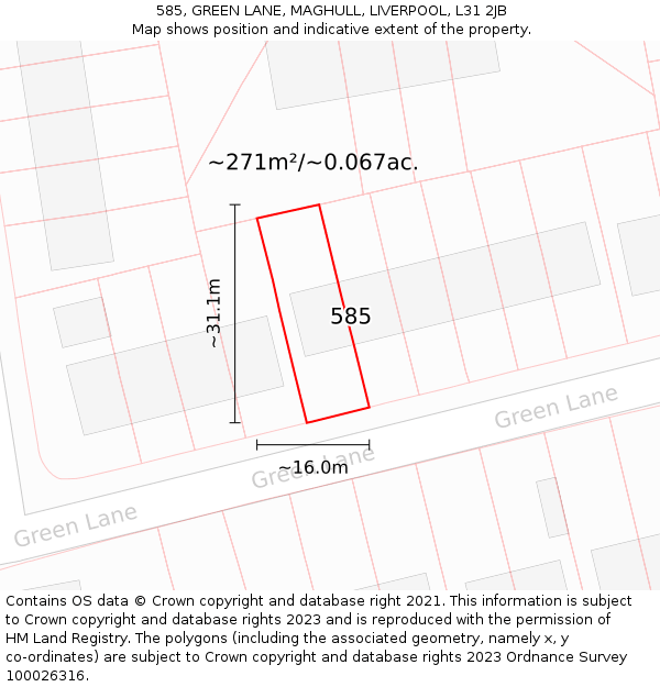 585, GREEN LANE, MAGHULL, LIVERPOOL, L31 2JB: Plot and title map