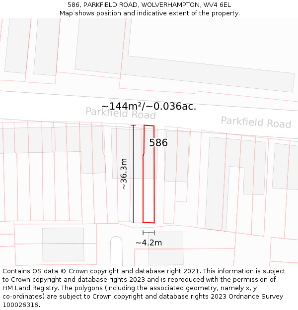 586, PARKFIELD ROAD, WOLVERHAMPTON, WV4 6EL: Plot and title map