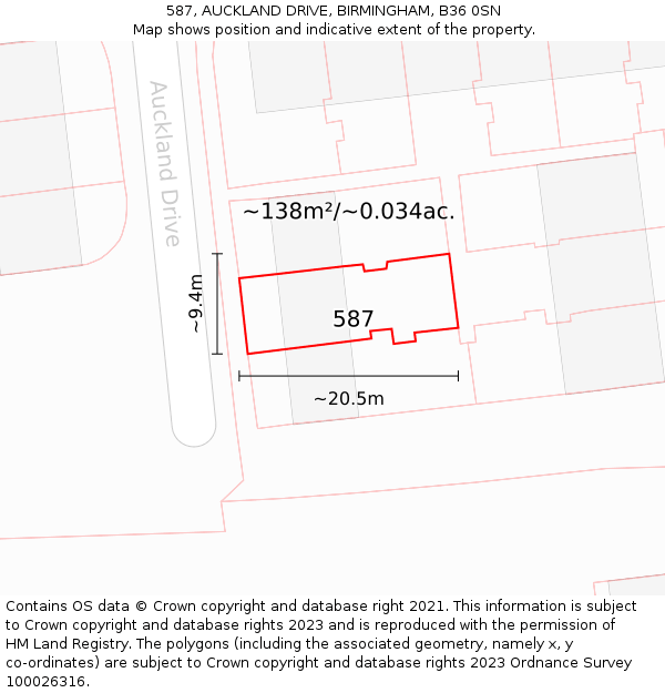587, AUCKLAND DRIVE, BIRMINGHAM, B36 0SN: Plot and title map