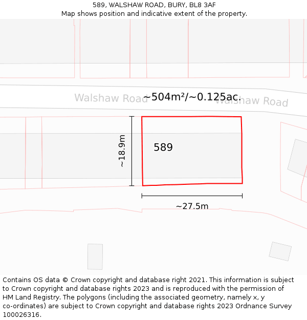 589, WALSHAW ROAD, BURY, BL8 3AF: Plot and title map
