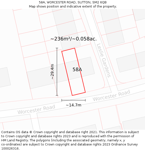 58A, WORCESTER ROAD, SUTTON, SM2 6QB: Plot and title map