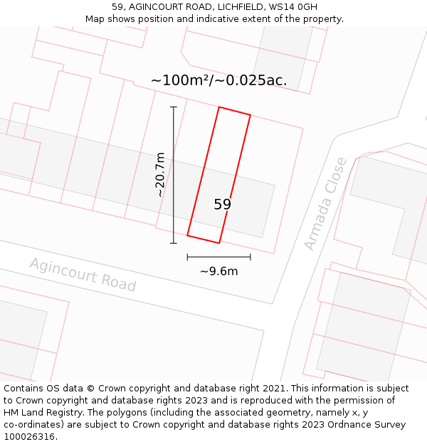 59, AGINCOURT ROAD, LICHFIELD, WS14 0GH: Plot and title map