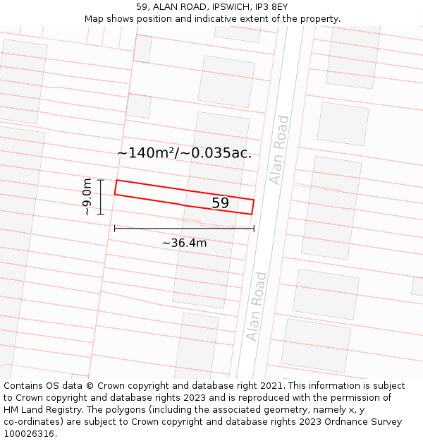 59, ALAN ROAD, IPSWICH, IP3 8EY: Plot and title map