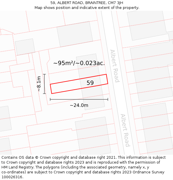 59, ALBERT ROAD, BRAINTREE, CM7 3JH: Plot and title map