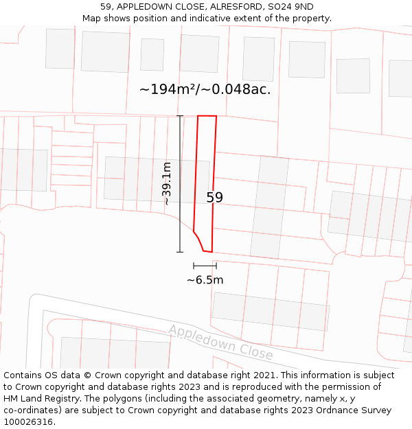 59, APPLEDOWN CLOSE, ALRESFORD, SO24 9ND: Plot and title map