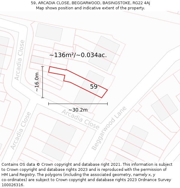 59, ARCADIA CLOSE, BEGGARWOOD, BASINGSTOKE, RG22 4AJ: Plot and title map