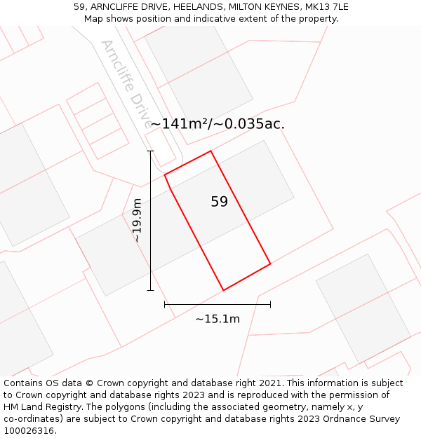 59, ARNCLIFFE DRIVE, HEELANDS, MILTON KEYNES, MK13 7LE: Plot and title map