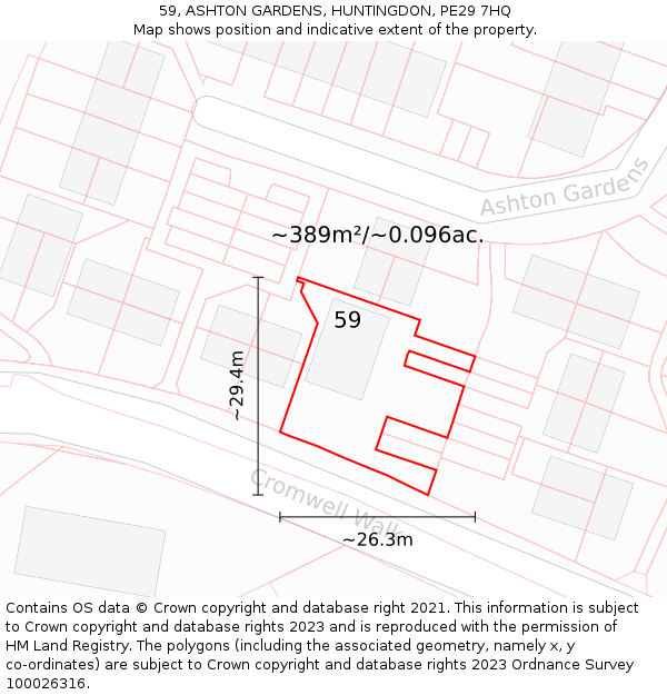 59, ASHTON GARDENS, HUNTINGDON, PE29 7HQ: Plot and title map