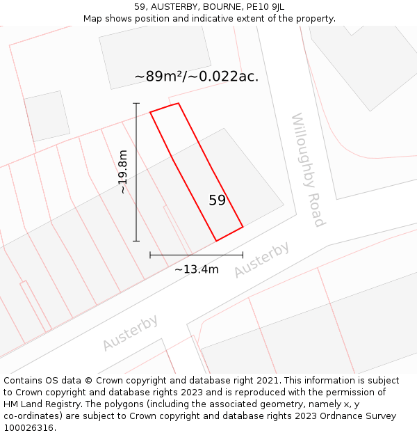 59, AUSTERBY, BOURNE, PE10 9JL: Plot and title map