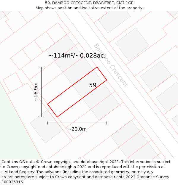 59, BAMBOO CRESCENT, BRAINTREE, CM7 1GP: Plot and title map