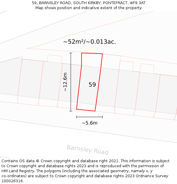59, BARNSLEY ROAD, SOUTH KIRKBY, PONTEFRACT, WF9 3AT: Plot and title map