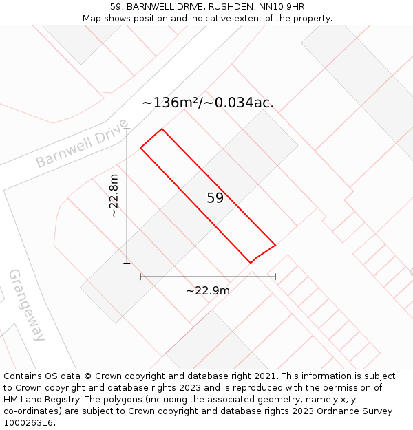 59, BARNWELL DRIVE, RUSHDEN, NN10 9HR: Plot and title map