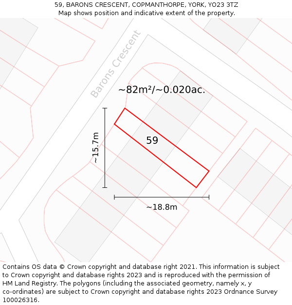 59, BARONS CRESCENT, COPMANTHORPE, YORK, YO23 3TZ: Plot and title map