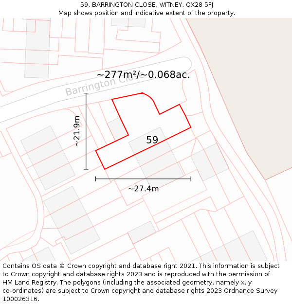 59, BARRINGTON CLOSE, WITNEY, OX28 5FJ: Plot and title map