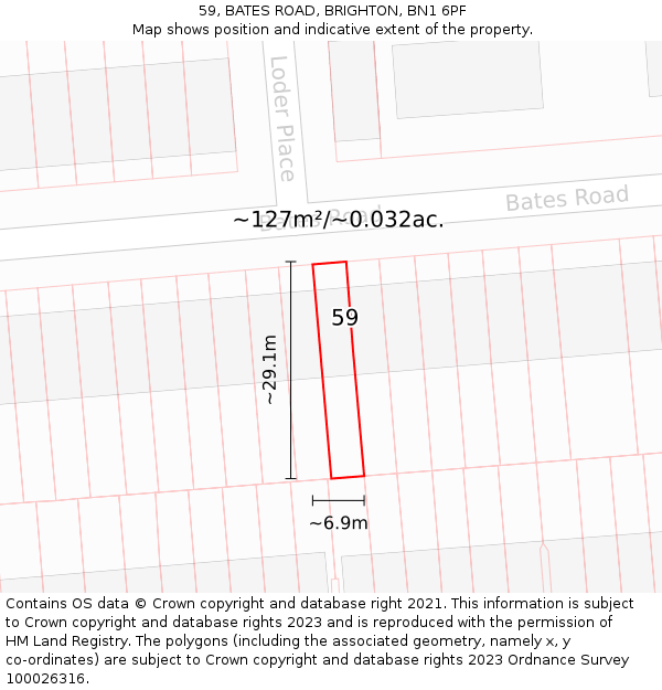59, BATES ROAD, BRIGHTON, BN1 6PF: Plot and title map