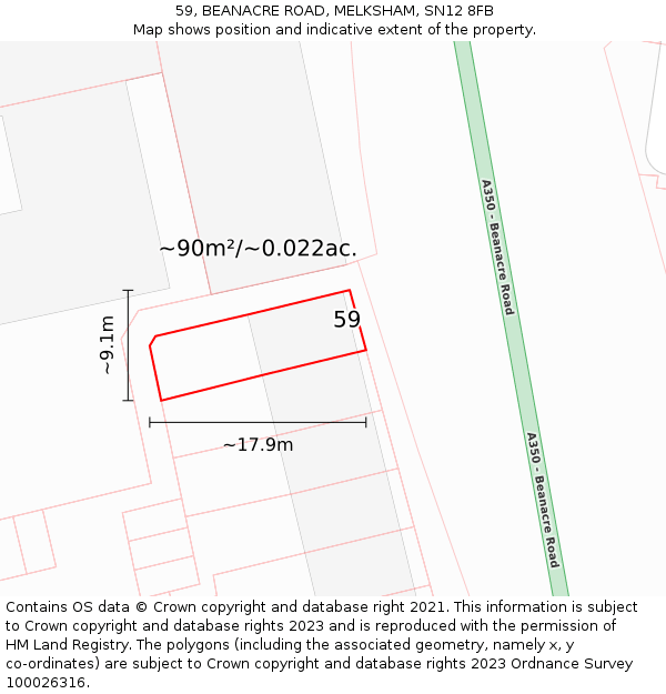 59, BEANACRE ROAD, MELKSHAM, SN12 8FB: Plot and title map