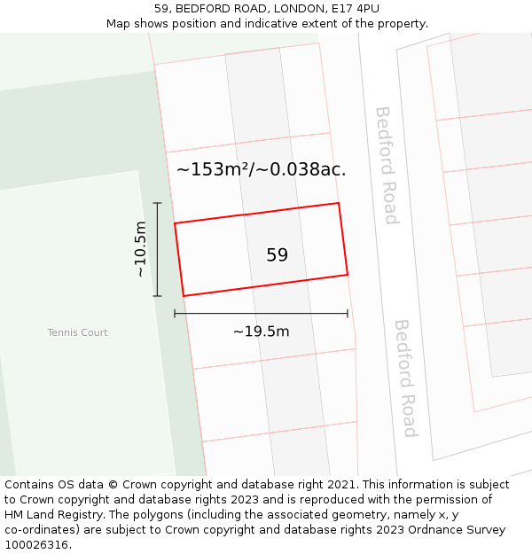 59, BEDFORD ROAD, LONDON, E17 4PU: Plot and title map