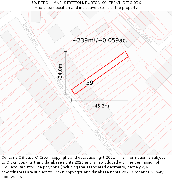59, BEECH LANE, STRETTON, BURTON-ON-TRENT, DE13 0DX: Plot and title map