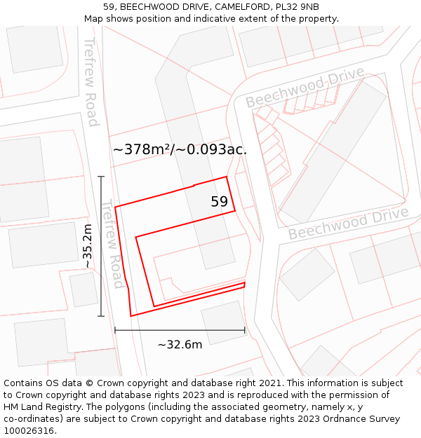 59, BEECHWOOD DRIVE, CAMELFORD, PL32 9NB: Plot and title map