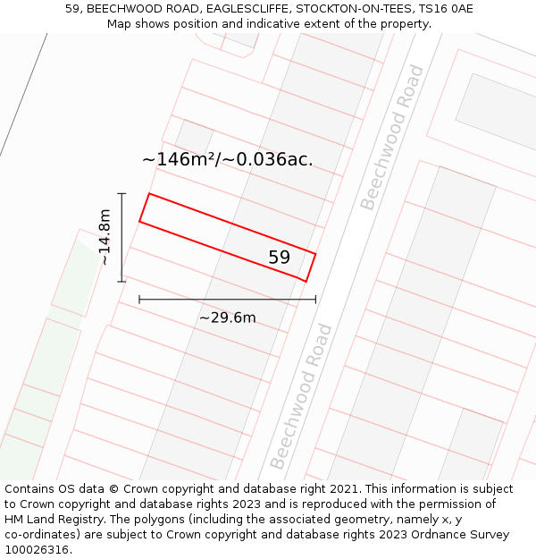 59, BEECHWOOD ROAD, EAGLESCLIFFE, STOCKTON-ON-TEES, TS16 0AE: Plot and title map