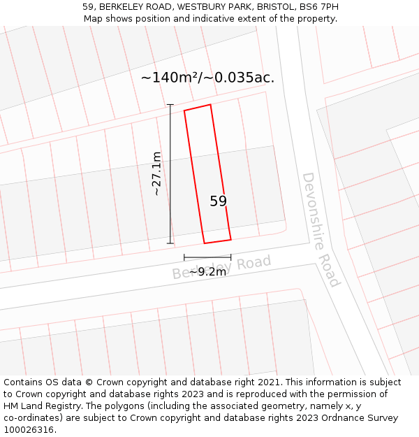 59, BERKELEY ROAD, WESTBURY PARK, BRISTOL, BS6 7PH: Plot and title map