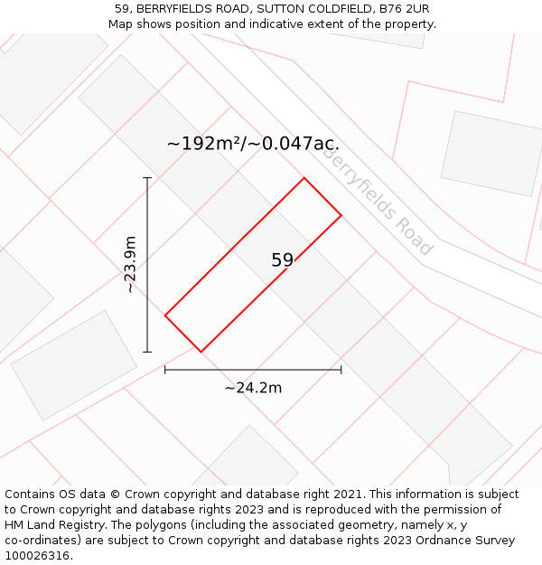59, BERRYFIELDS ROAD, SUTTON COLDFIELD, B76 2UR: Plot and title map