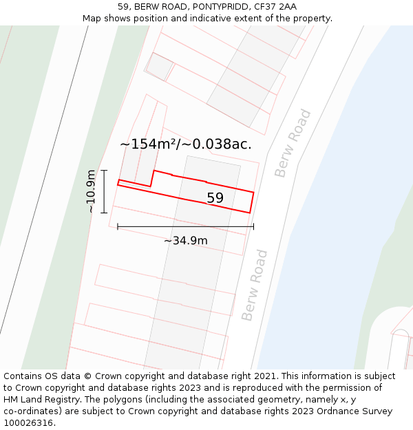 59, BERW ROAD, PONTYPRIDD, CF37 2AA: Plot and title map