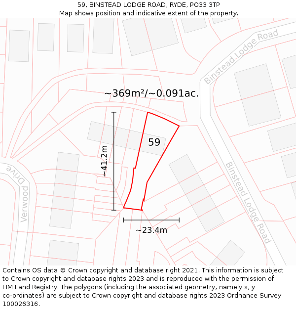 59, BINSTEAD LODGE ROAD, RYDE, PO33 3TP: Plot and title map