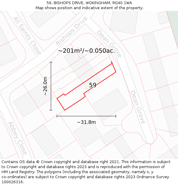 59, BISHOPS DRIVE, WOKINGHAM, RG40 1WA: Plot and title map