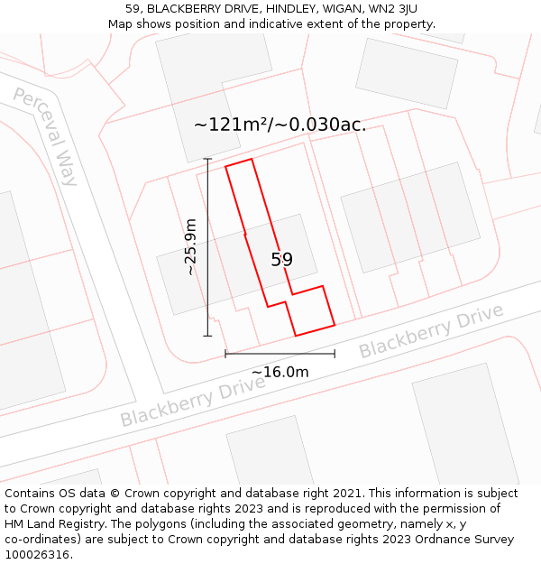 59, BLACKBERRY DRIVE, HINDLEY, WIGAN, WN2 3JU: Plot and title map