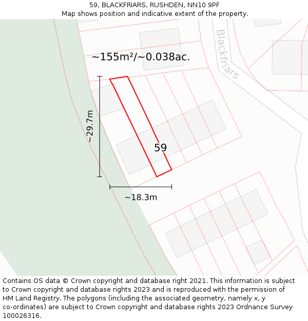 59, BLACKFRIARS, RUSHDEN, NN10 9PF: Plot and title map