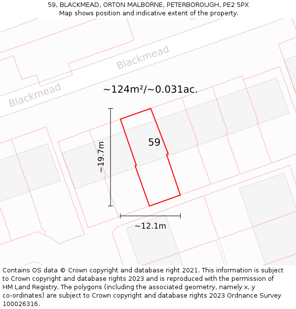 59, BLACKMEAD, ORTON MALBORNE, PETERBOROUGH, PE2 5PX: Plot and title map