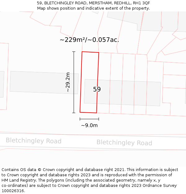 59, BLETCHINGLEY ROAD, MERSTHAM, REDHILL, RH1 3QF: Plot and title map
