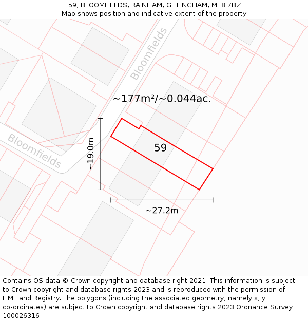 59, BLOOMFIELDS, RAINHAM, GILLINGHAM, ME8 7BZ: Plot and title map