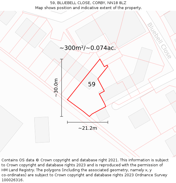59, BLUEBELL CLOSE, CORBY, NN18 8LZ: Plot and title map