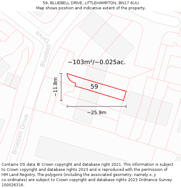 59, BLUEBELL DRIVE, LITTLEHAMPTON, BN17 6UU: Plot and title map