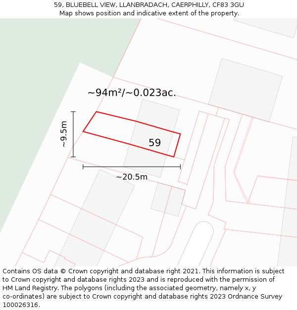 59, BLUEBELL VIEW, LLANBRADACH, CAERPHILLY, CF83 3GU: Plot and title map