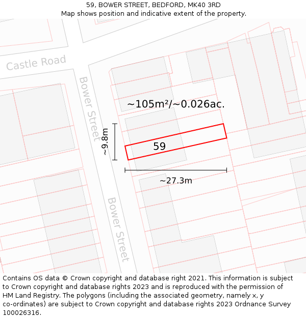 59, BOWER STREET, BEDFORD, MK40 3RD: Plot and title map