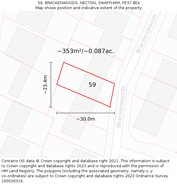 59, BRACKENWOODS, NECTON, SWAFFHAM, PE37 8EX: Plot and title map