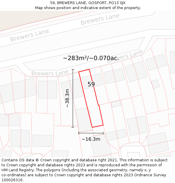 59, BREWERS LANE, GOSPORT, PO13 0JX: Plot and title map