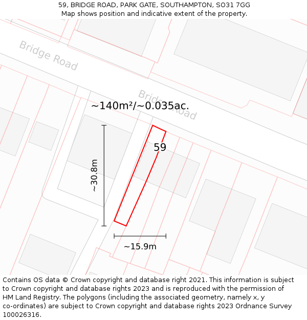 59, BRIDGE ROAD, PARK GATE, SOUTHAMPTON, SO31 7GG: Plot and title map