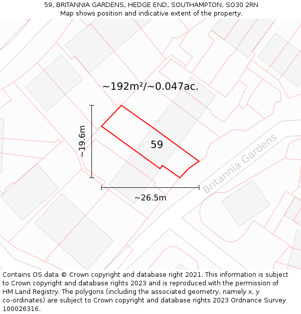 59, BRITANNIA GARDENS, HEDGE END, SOUTHAMPTON, SO30 2RN: Plot and title map